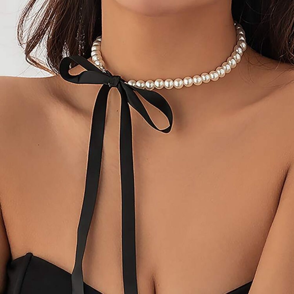 Free People Pearl Choker Necklace with Black Ribbon Bow